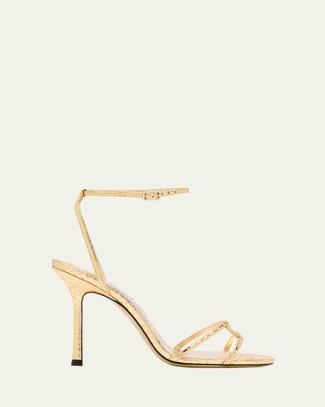 Snake-Embossed 1998 Leo Metallic Leather Ankle-Strap Sandals